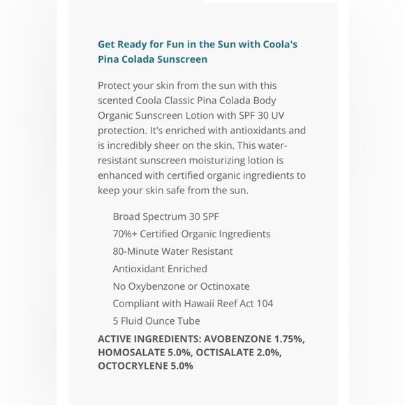 COOLA CLASSIC "PINA COLADA" ORGANIC SPF 30 SUNSCREEN LOTION- 5OZ. - Picture 7 of 8